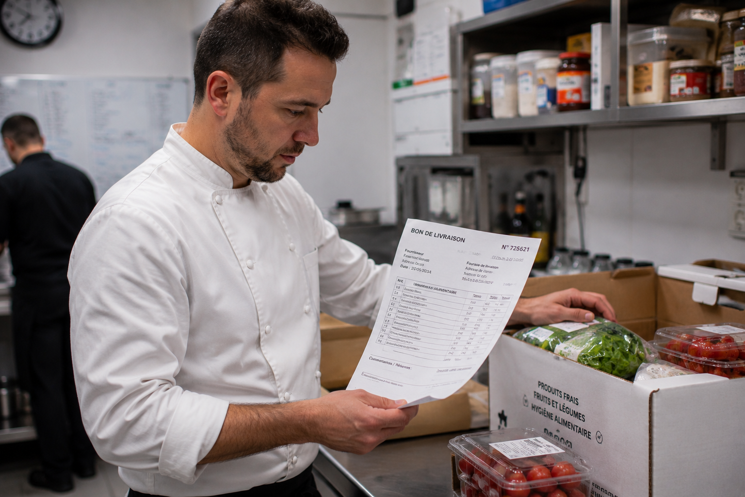 Chef vérifiant l'étiquette et le bon de livraison d'une caisse de produits frais en cuisine